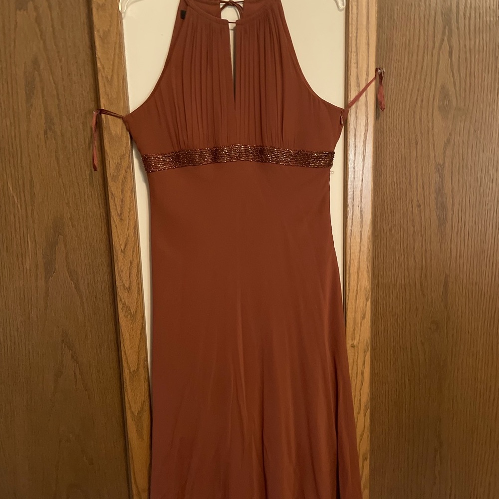 Copper color, halter evening dress with sequins at bodice